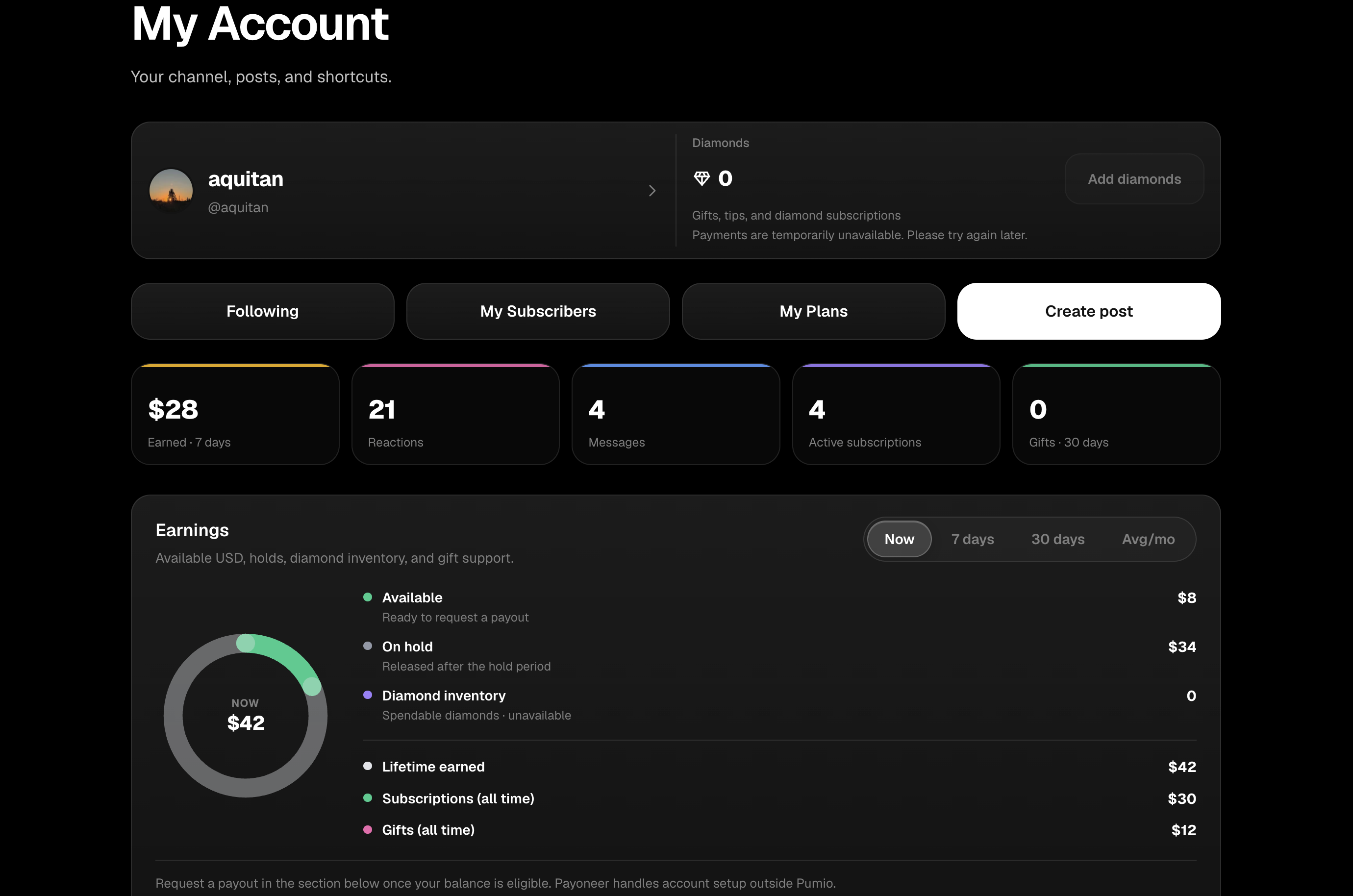 PUMIO creator profile and subscription plans setup