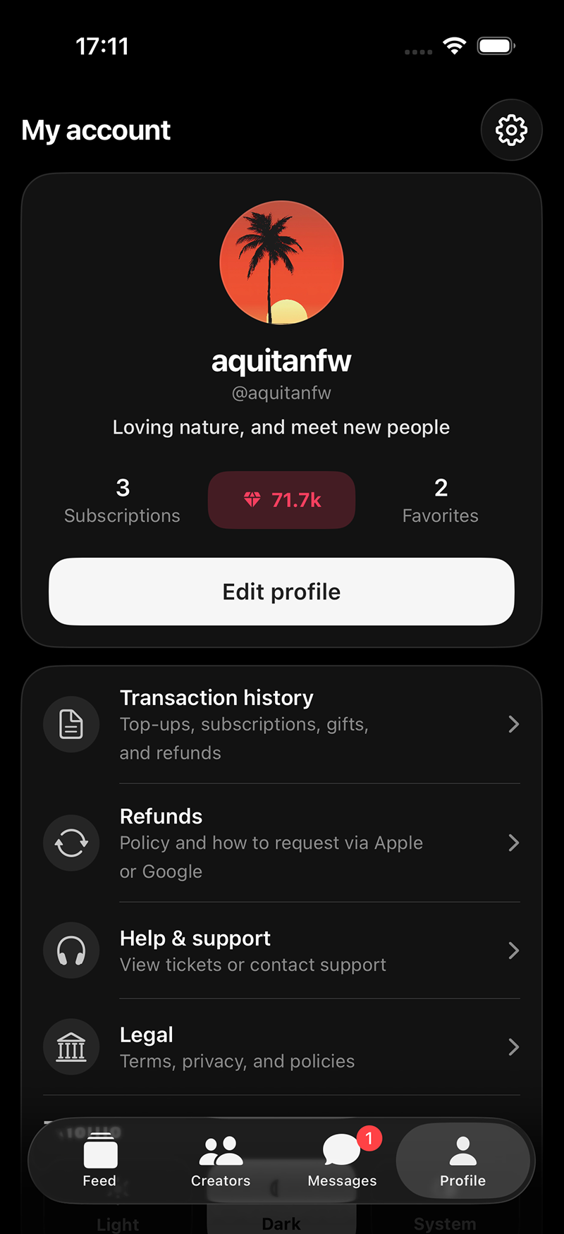 Subscriber account with active subscriptions
