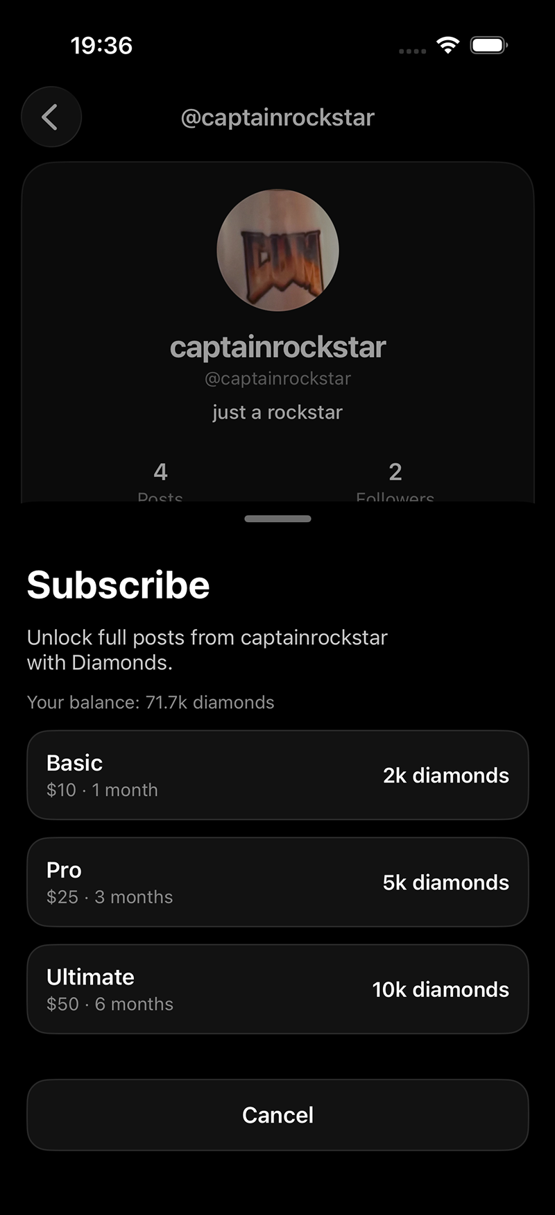 Subscription plans checkout on a creator profile